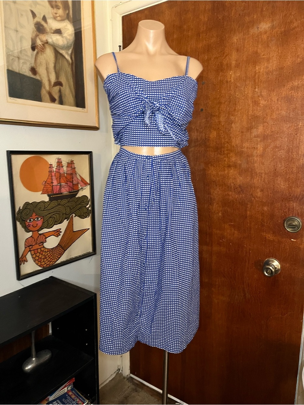 SPOON JEANS NAVY BLUE WHITE GINGHAM CHECK KNOT TIE CUT OUT MIDI DRESS  SIZE L